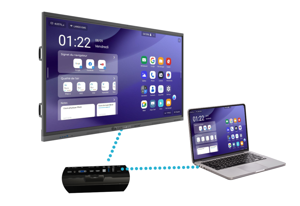 TBI, TNI, ENI : quelle différence entre tableau blanc interactif et écran interactif ? 2 Écran interactif connecté sans fil à un ordinateur portable